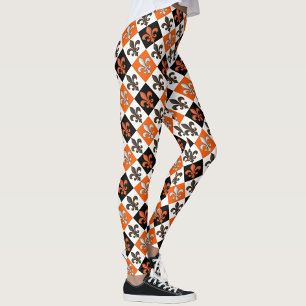 Leggings Design Orange Noir Blanc À damiers Fleur de lis
