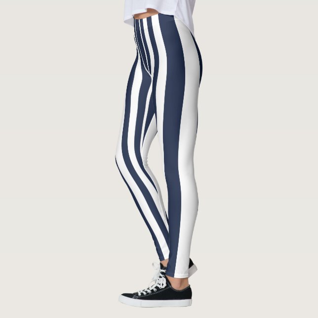 Leggings Design Sportif Bleu Profond Blancs à rayures (Gauche)