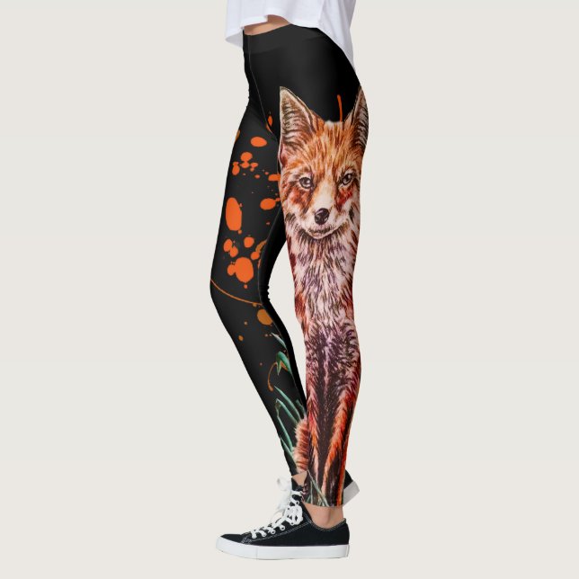 Leggings Dessin d'art animal rouge de Fox et de peinture (Gauche)