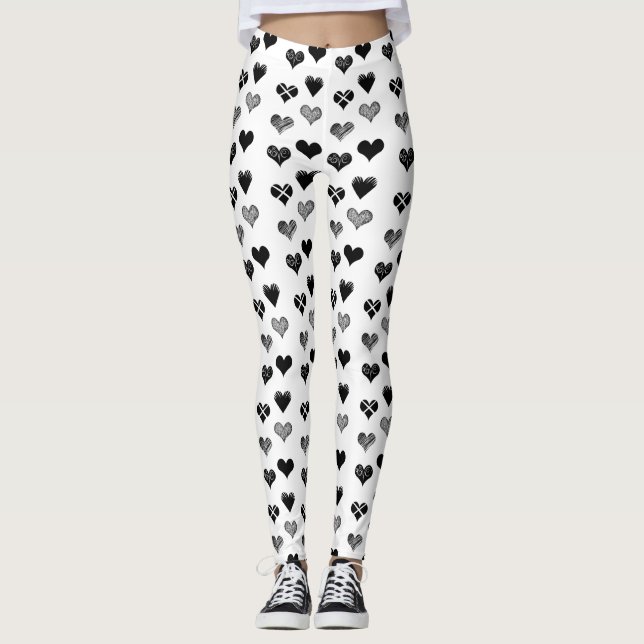 Leggings Dessin de coeurs noir et blanc - Simple Diversity (Devant)