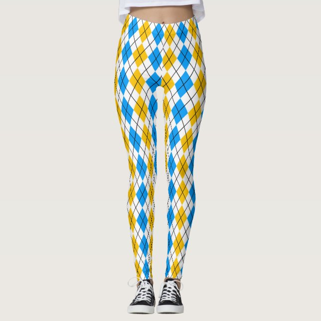 Leggings Dessin de diamant Argyle bleu jaune blanc (Devant)