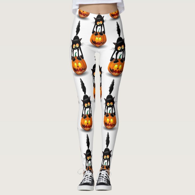 Leggings Dessin d'Halloween au chat effrayé sur Citrouille (Devant)