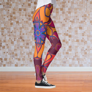 Leggings Dessin Mandala Fleur orange violet et bleu