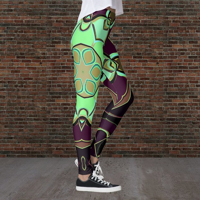 Leggings Dessin Mandala Flower vert violet et noir (Créateur téléchargé)