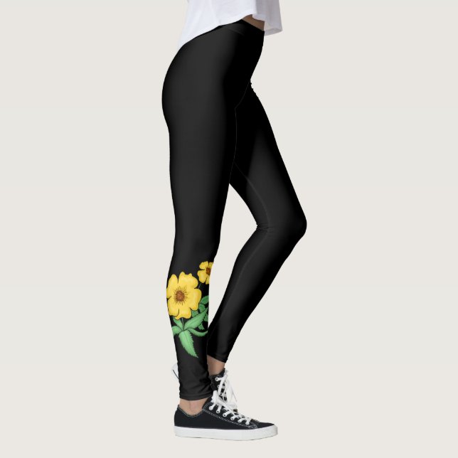 Leggings Deux Fleurs Jaunes Design ~ Arrière - plan Noir ~ (Droite)
