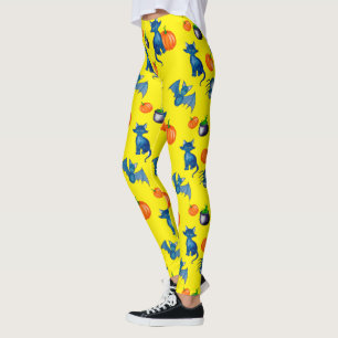 Leggings d'Halloween jaune - Chat noir et Citrouil