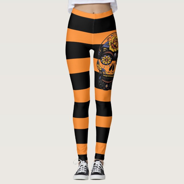 Leggings Dia De Los Muertos Orange Noir Et Sugar Crâne (Devant)