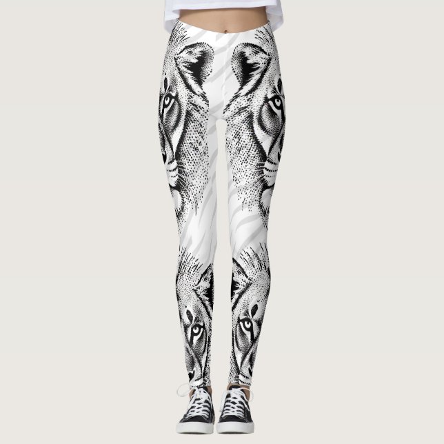 Leggings d'impression Lion noir blanc (Devant)