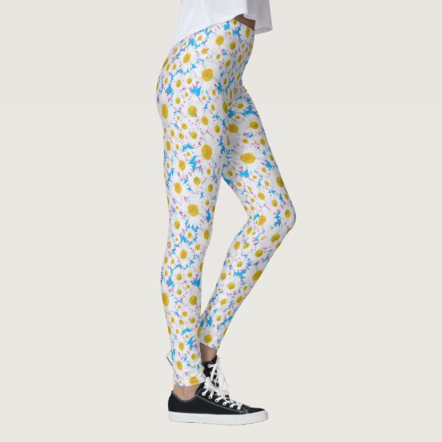 Leggings Ditsy White Daisies Motif sur Blue à Customiser (Droite)