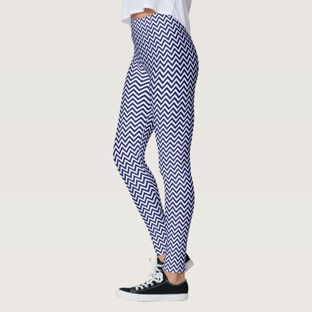 Leggings DIY fond blanc LG Chevron ZigZag rayure bleu marin (Gauche)