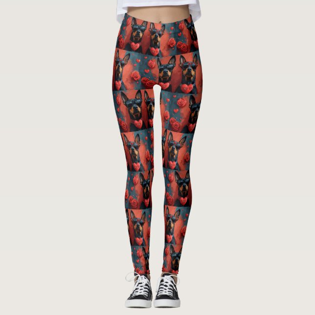 Leggings Doberman aux roses de la Saint-Valentin (Devant)