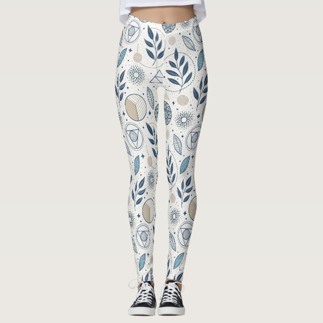 Leggings Doodle Botanique Bleu géométrique (Devant)