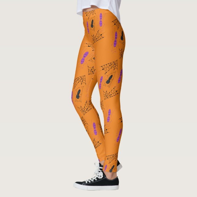Leggings Doodle d'araignée mignonne Halloween violet noir (Gauche)