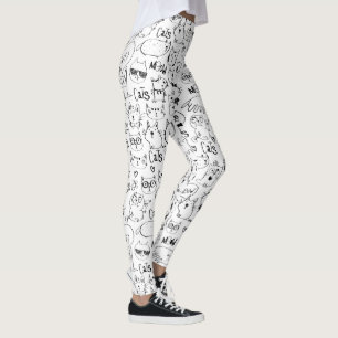 Leggings Doodles de chat, Funny Black et White Kitties Moti
