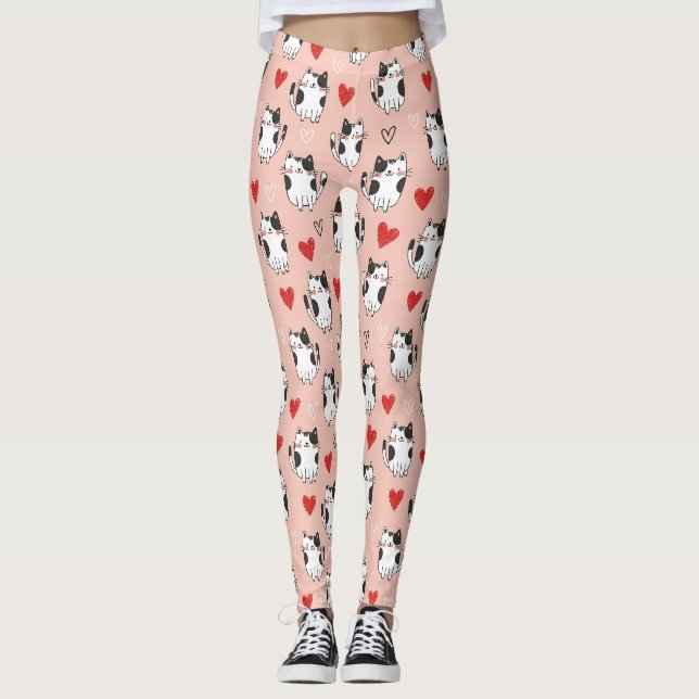 Leggings Douces Chats Kawaii Roses & Motif Cœurs (3) (Devant)