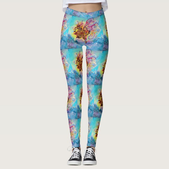 Leggings DRAGON DE MER en Imaginaire bleu or jaune rose (Devant)