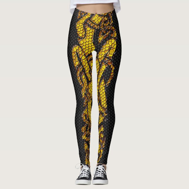 Leggings Dragon de noeud celtique doré Hound sur noir (Devant)