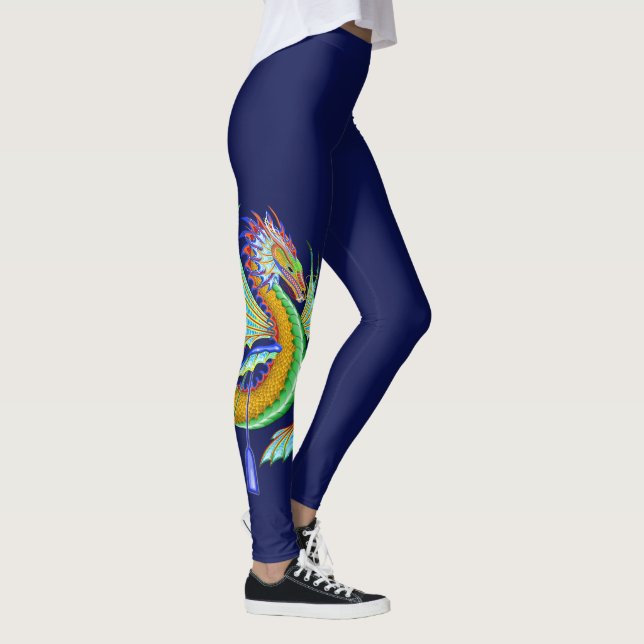Leggings Dragon d'eau verte et d'or sur Arrière - plan bleu (Droite)