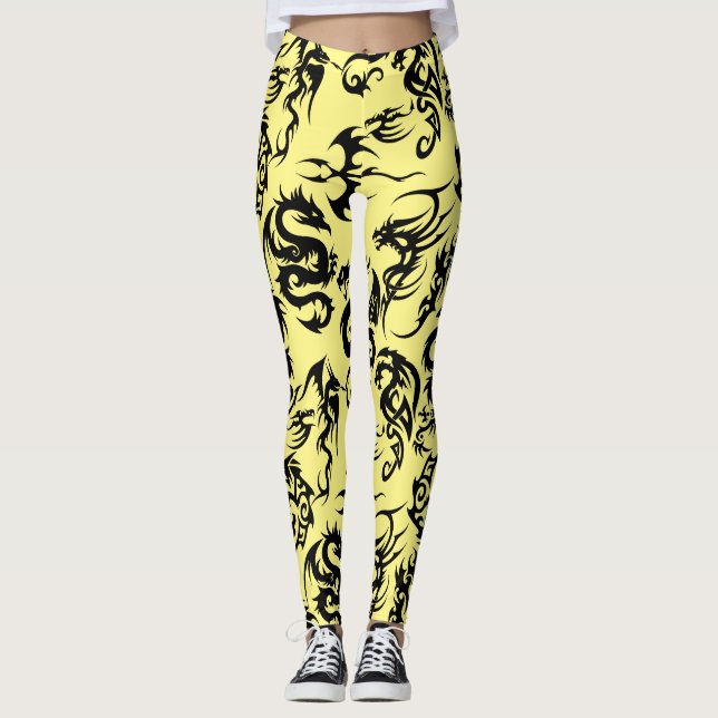 Leggings Dragons noirs motif contour.b L Jaune BG (Devant)
