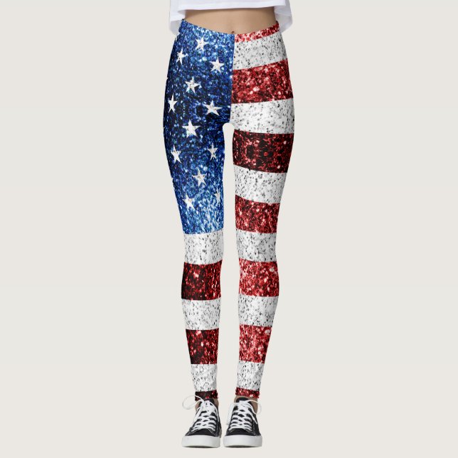 Leggings drapeau américain rouge blanc brillant parties sci (Devant)