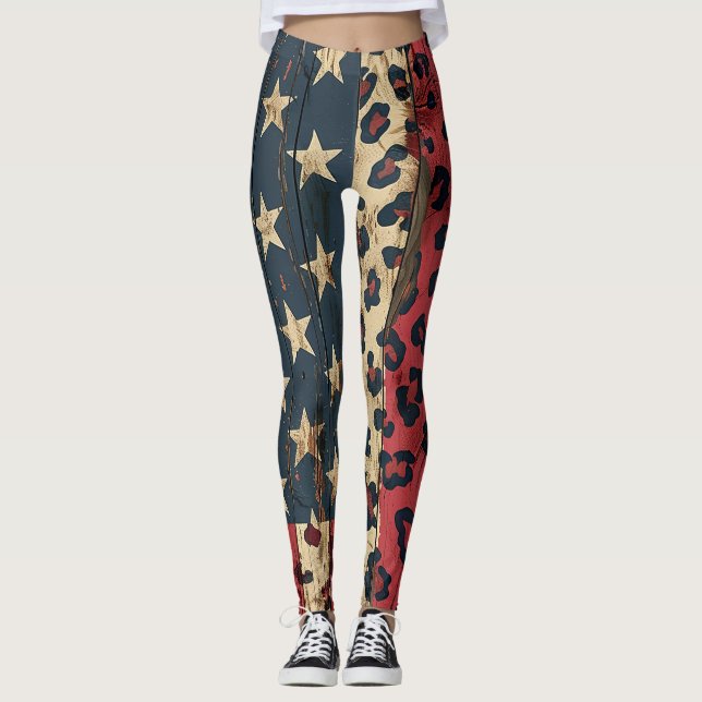 Leggings Drapeau américain rustique imprimé léopard (1) (Devant)