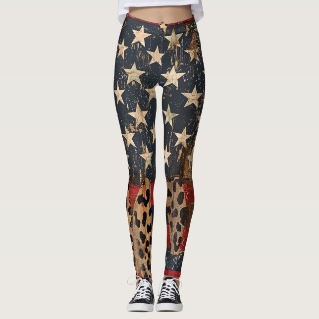 Leggings Drapeau américain rustique imprimé léopard (3) (Devant)