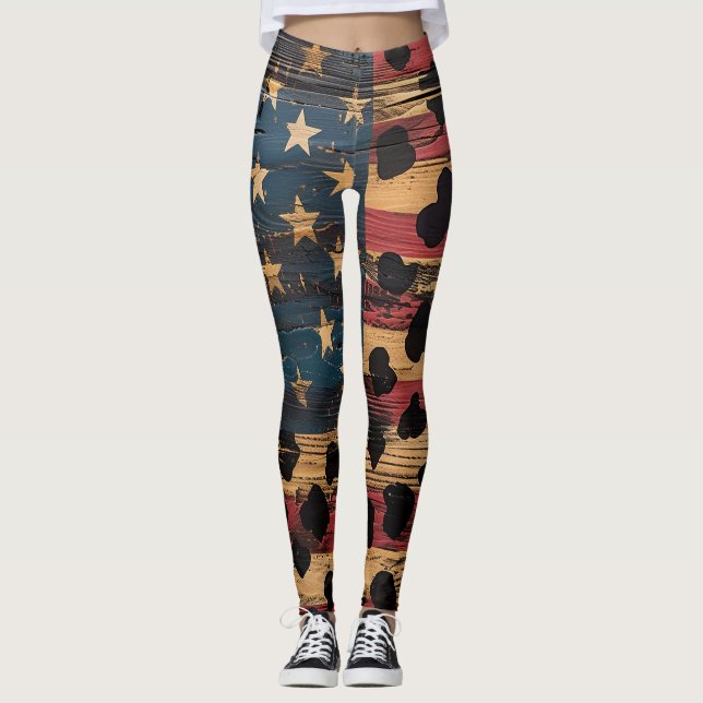 Leggings Drapeau américain rustique imprimé léopard (4) (Devant)