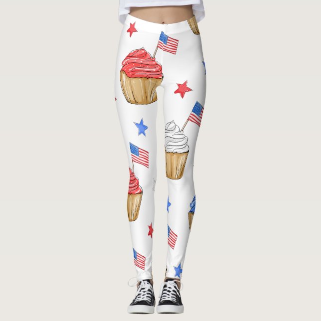 Leggings Drapeau Patriotique Rouge Blanc Bleu Cupcake Étoil (Devant)