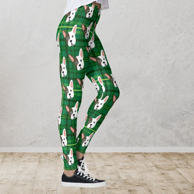 Leggings Drôle Bulldog Green Plaid Trendy mignon chien (Créateur téléchargé)