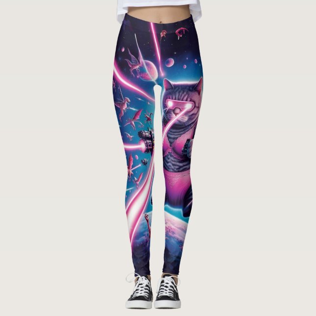 Leggings Drôle chat géant et dinosaures dans l'espace (Devant)