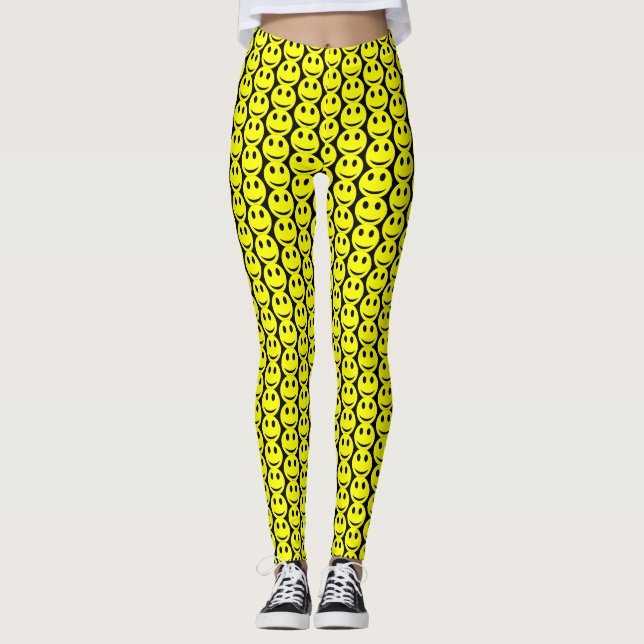 Leggings Drôle Joyeux Visages Jaune Motif noir (Devant)