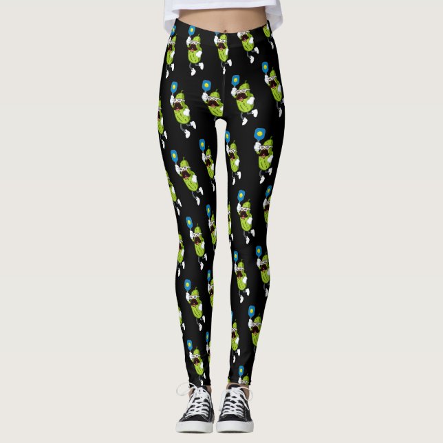 Leggings Drôle Moustache Picket Jouer Pickleball Noir (Devant)
