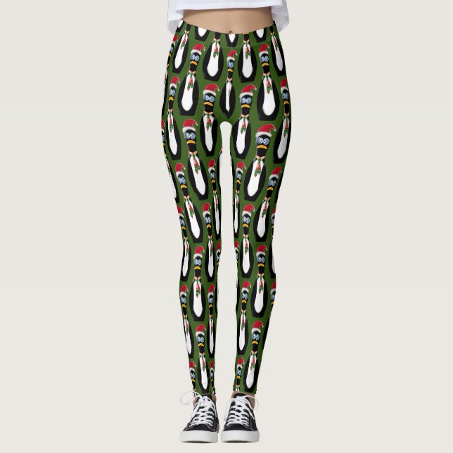 Leggings Drôle Pingouins de Noël effrayés sur vert (Devant)