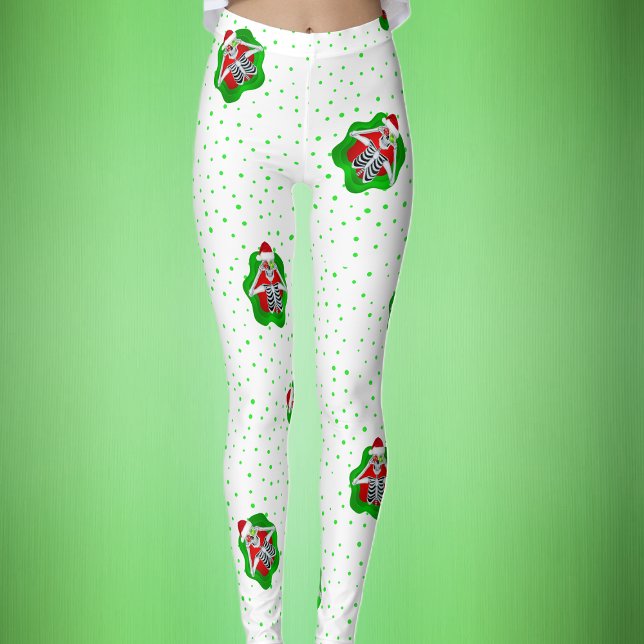 Leggings Drôle Skeleton Santa Hat Red Green Dots sur Blanc (Funny Skeleton Santa Hat ornaments on white with green polka dots Christmas womans leggins.)
