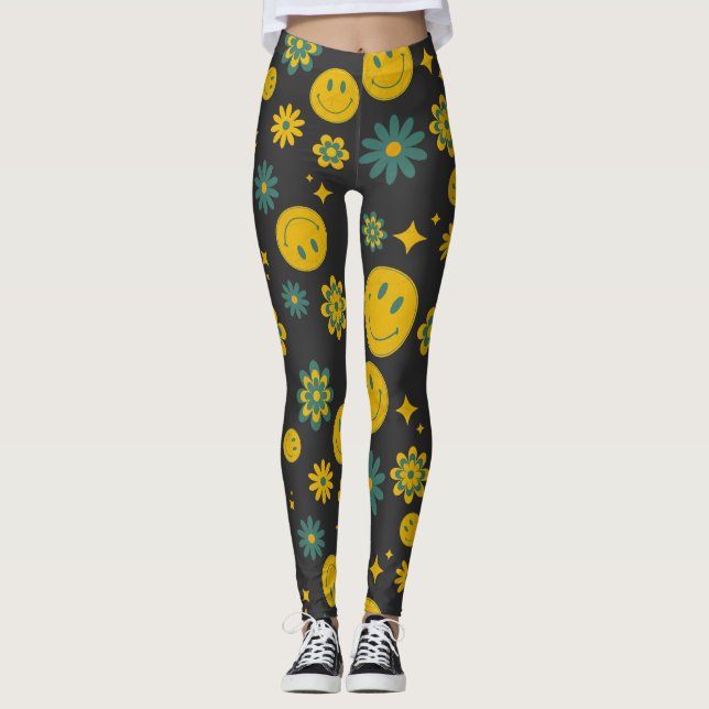 Leggings drôle visage sourire et fleurs super (Devant)