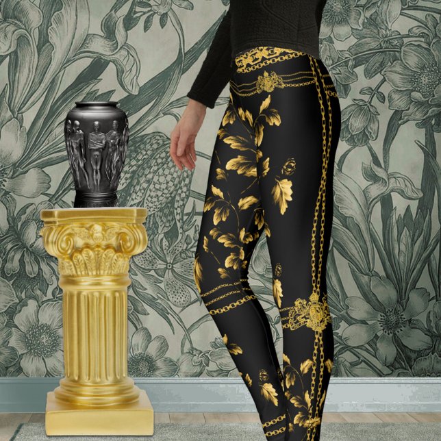 Leggings Duchess Gold Leaf Chain Lion Emblem Black Riding (Créateur téléchargé)