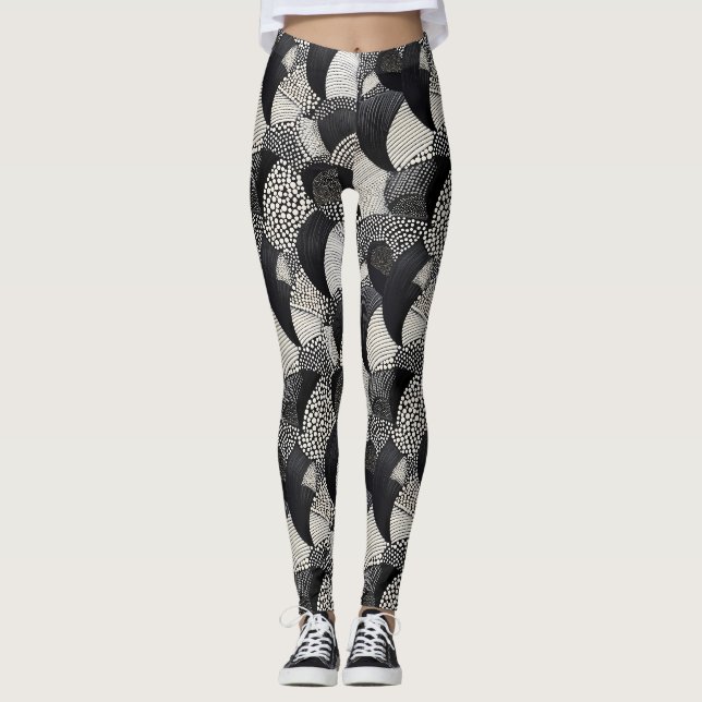 Leggings Dynamique Noir Blanc - Flux Géométrique Organique (Devant)