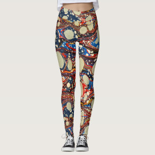 LEGGINGS EAUX ABSTRAITES ROUGES BLEU MARBLÉES, CERCLES BLAN