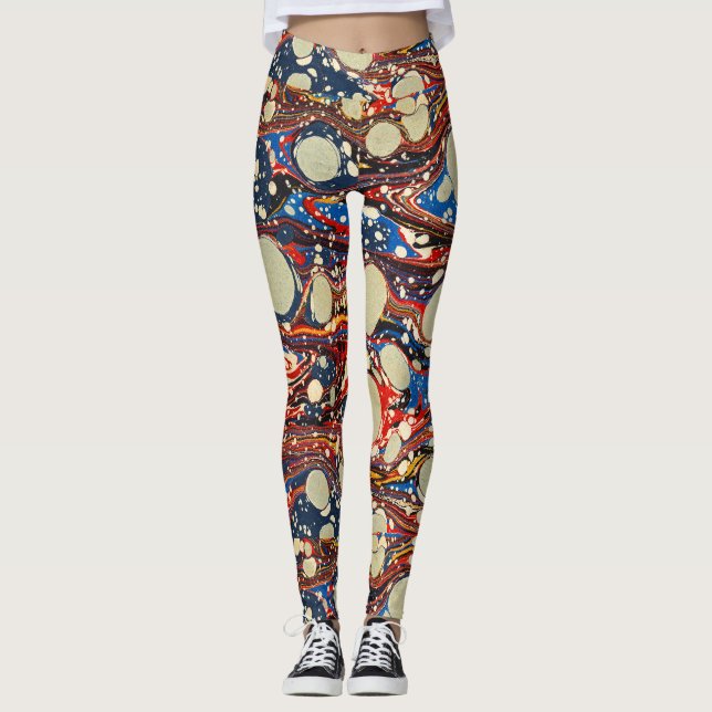 LEGGINGS EAUX ABSTRAITES ROUGES BLEU MARBLÉES, CERCLES BLAN (Devant)