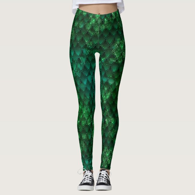 Leggings Écaille de dragon ombrée vert foncé et scintillant (Devant)