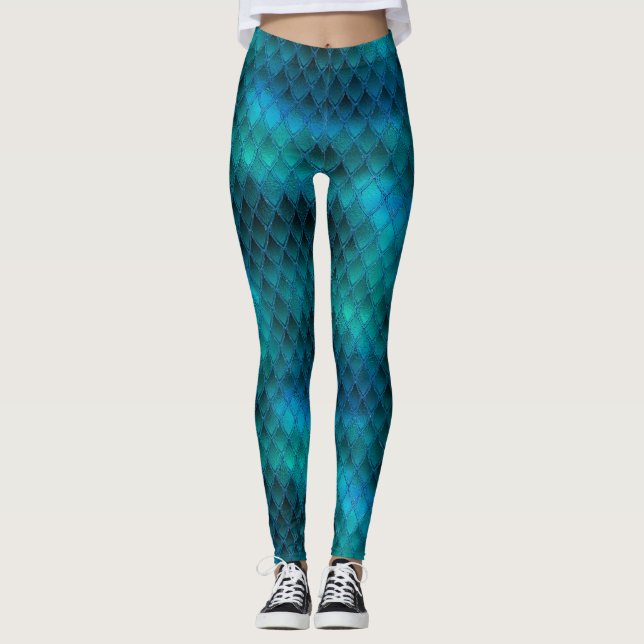 Leggings Écailles de dragon sarcelle scintillantes et paill (Devant)