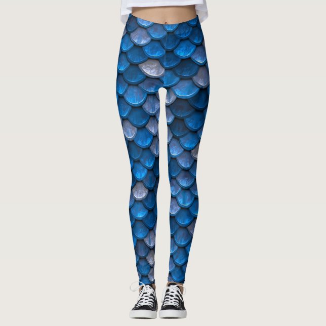 Leggings Écailles de poisson sirène argent bleu (Devant)