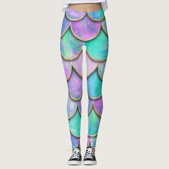 Leggings Échelles de sirène : motif d'onde aquarelle. (Devant)