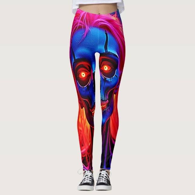 Leggings Eerie Skeleton avec conception de cheveux roses (Devant)