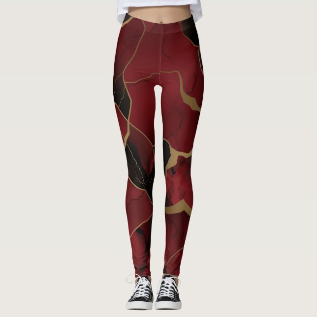 Leggings Effet Abstrait en marbre rouge et noir (Devant)