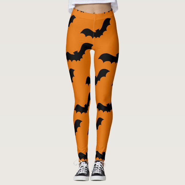Leggings Éffrayant Black Bats Motif Halloween Orange (Devant)