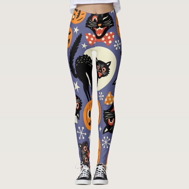 Leggings Éffrayant Chats Citrouilles Violet Motif (Devant)