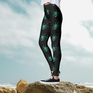 Leggings Éffrayant Goth Spiders Green Black Halloween Motif