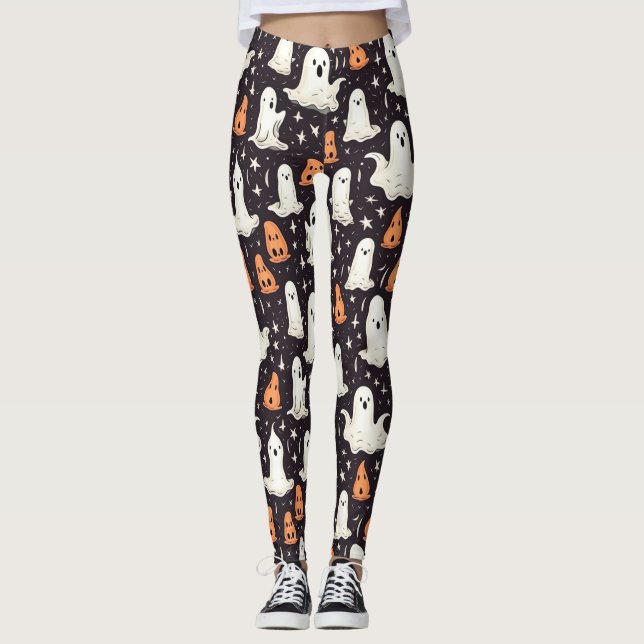 Leggings Éffrayant Halloween Petits Fantômes Noir Orange Bl (Devant)
