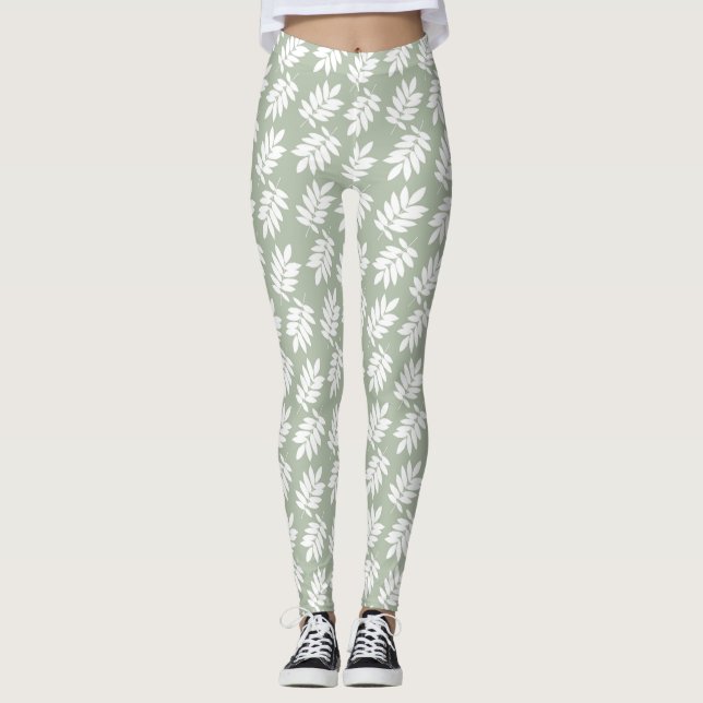 Leggings Elder Leaf Pattern White on Green (Devant)